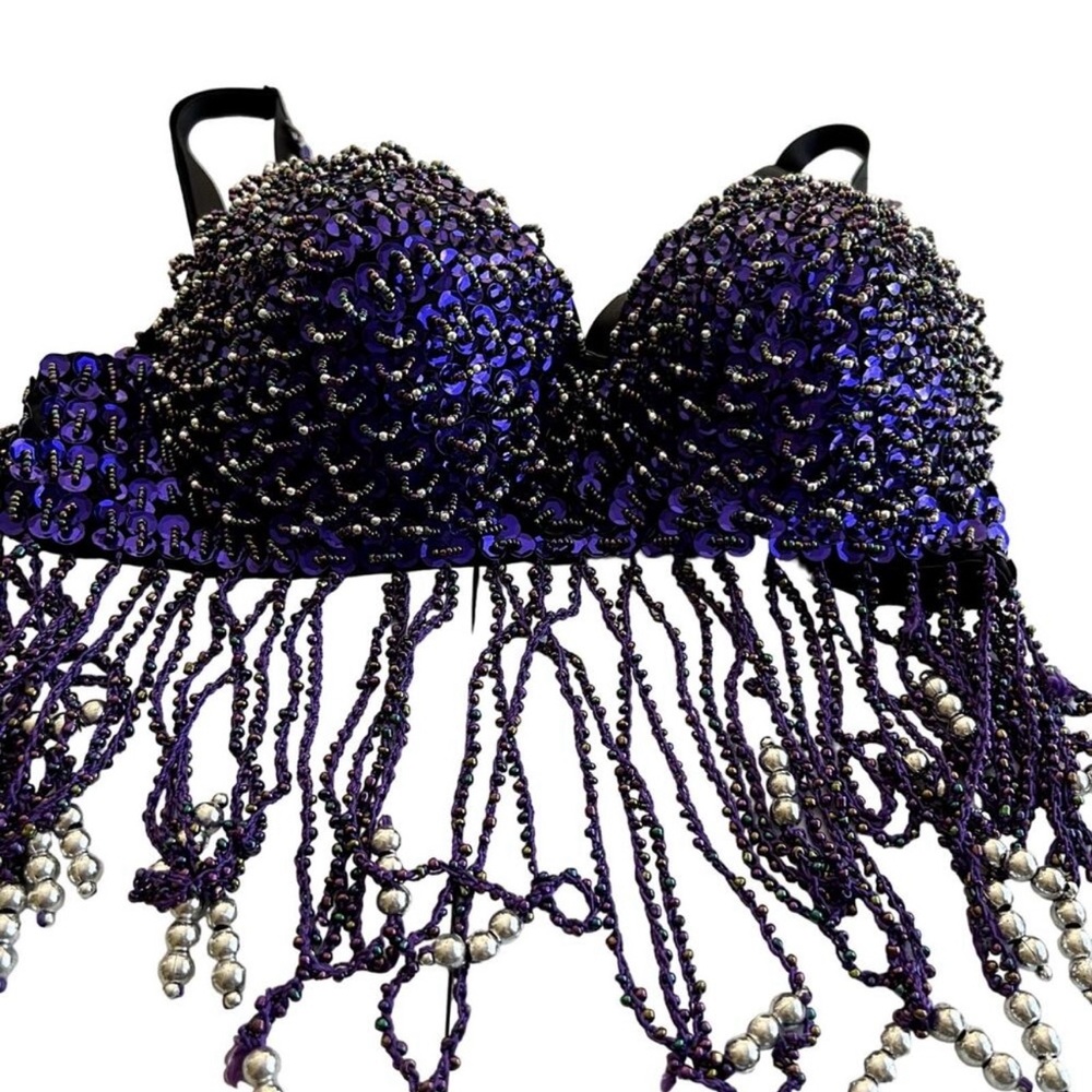 Meishulanna Belly Dance Tribal Fringe underwire Bra Women 36 Purple Cosplay Sexy